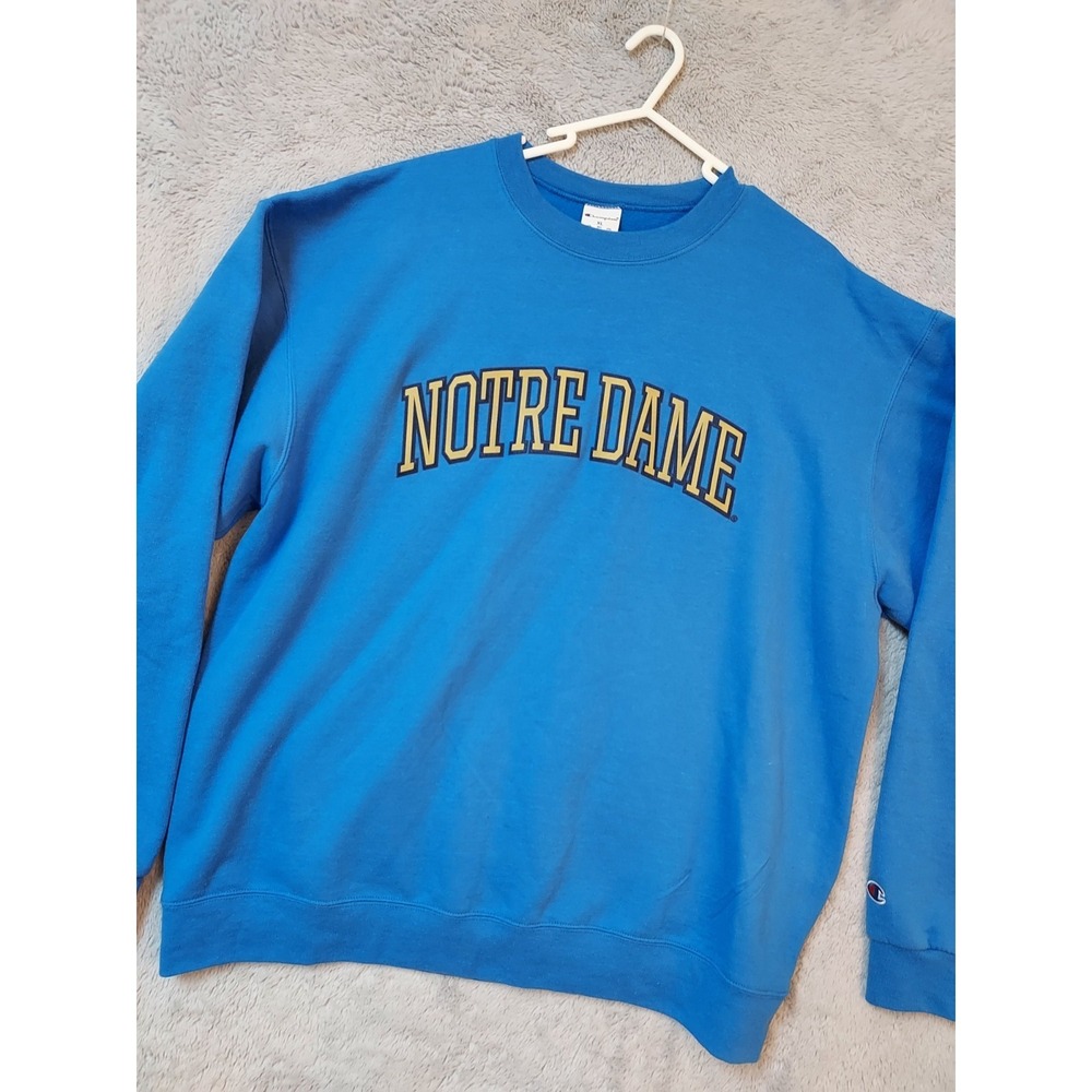 Notre Dame Sweatshirt Mens Extra Large Champion Spellout‎ Logo Fleece Blue NCAA